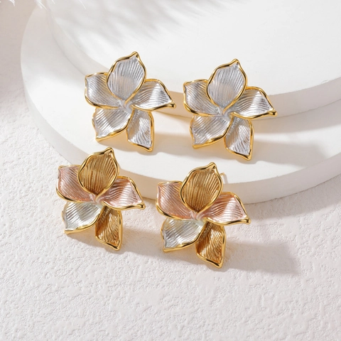 Pendientes de Botón de Acero Inoxidable Chapado en Oro de 18K Vintage Flor 3D para Mujer Retro Metálico Cepillado Joyería
