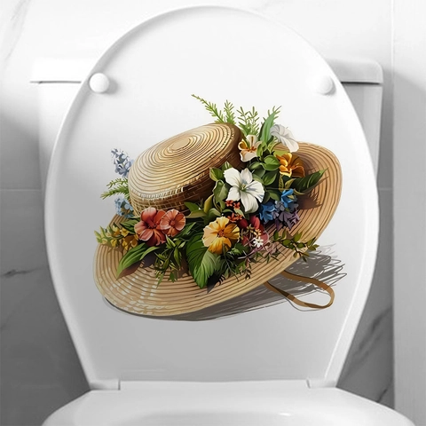 Adesivo Creativo per Bagno e Gabinetto Cappello di Paglia Floreale Impermeabile PVC Rimovibile Decorazione Murale per Sedile Gabinetto