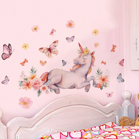 Aquarel Eenhoorn Vlinder Muurstickers Verwijderbare PVC Muurstickers Voor Kinderkamer Meisjes Slaapkamer Babykamer Huis Decor