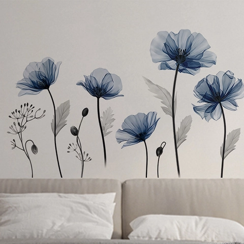 Blaue Röntgenkunst Mohnblume Wandaufkleber Wasserdichte PVC Selbstklebende Blumen-Decals Für Schlafzimmer Wohnzimmer Badezimmer