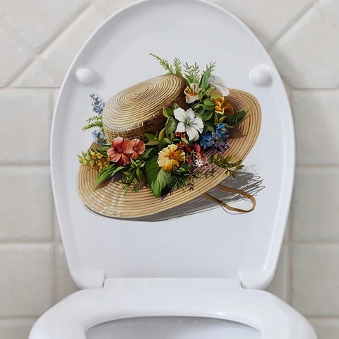 Adesivo Creativo per Bagno e Gabinetto Cappello di Paglia Floreale Impermeabile PVC Rimovibile Decorazione Murale per Sedile Gabinetto