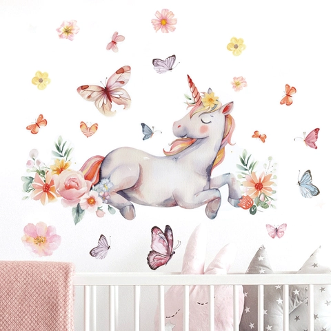 Aquarel Eenhoorn Vlinder Muurstickers Verwijderbare PVC Muurstickers Voor Kinderkamer Meisjes Slaapkamer Babykamer Huis Decor