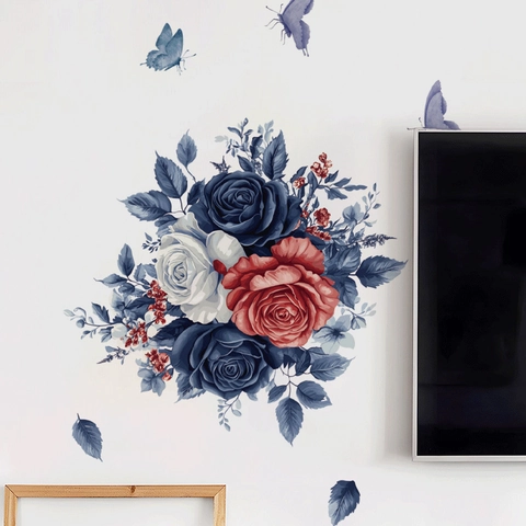 Vintage Ölgemälde Stil Rosenblüte Schmetterling Wandaufkleber PVC Selbstklebend Heimdekor Aufkleber Für Wohnzimmer Schlafzimmer