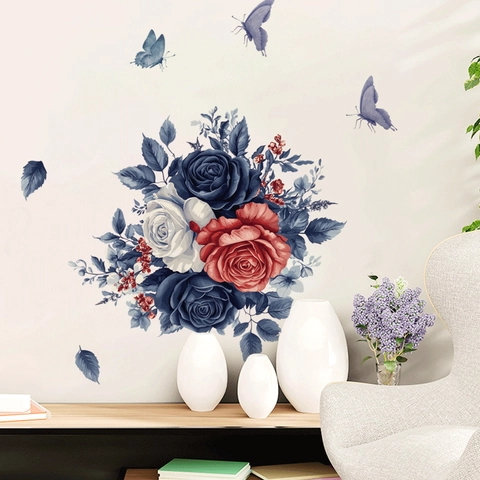Vintage Ölgemälde Stil Rosenblüte Schmetterling Wandaufkleber PVC Selbstklebend Heimdekor Aufkleber Für Wohnzimmer Schlafzimmer
