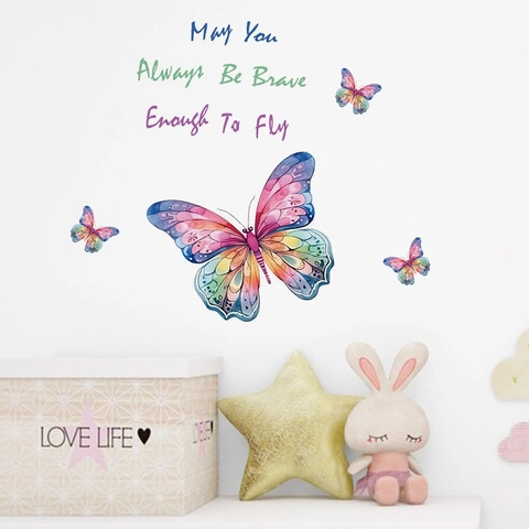 Inspirierende Schmetterling Zitat Wandaufkleber Aquarell Bunte Schmetterling Alphabet PVC Wandtattoos Für Kinder Mädchen Schlafzimmer