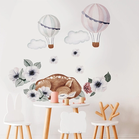 Cartoon Watercolor Sleeping Deer Hot Air Balloon Wall Stickers For Kids Room PVC Self-Adhesive Nursery DIY Wall Decals