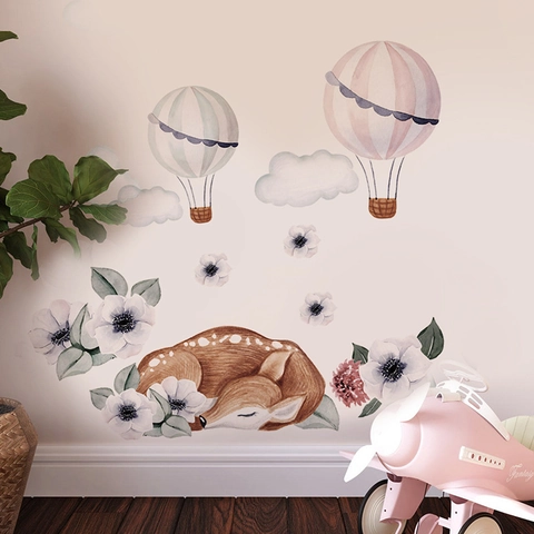 Cartoon Watercolor Sleeping Deer Hot Air Balloon Wall Stickers For Kids Room PVC Self-Adhesive Nursery DIY Wall Decals