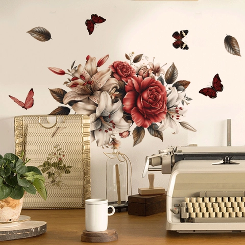 Vintage Floral Rose Lilie Wandaufkleber Schmetterling PVC Selbstklebend Dekoration Für Wohnzimmer Schlafzimmer Badezimmer Haus Wand