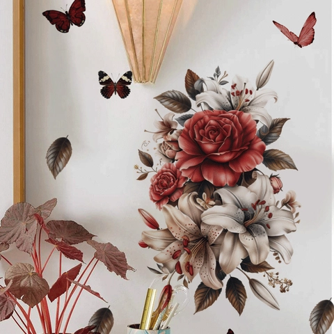 Vintage Floral Rose Lilie Wandaufkleber Schmetterling PVC Selbstklebend Dekoration Für Wohnzimmer Schlafzimmer Badezimmer Haus Wand