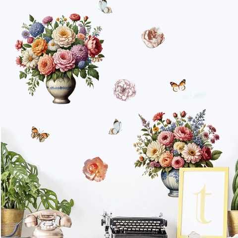 Romantisch Rose Blumenstrauß Schmetterling Wandaufkleber PVC Abnehmbar Vintage Blumen Vase Muster Aufkleber Für Wohnzimmer