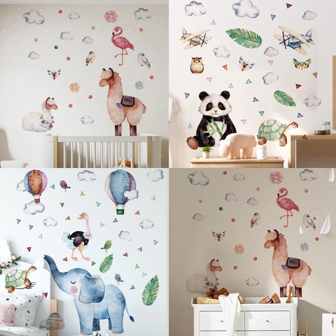 Watercolor Cartoon Elephant Alpaca Hot Air Balloon Wall Stickers For Kids Room Nursery PVC Animal DIY Wall Decals Home Decor