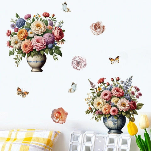 Romantisch Rose Blumenstrauß Schmetterling Wandaufkleber PVC Abnehmbar Vintage Blumen Vase Muster Aufkleber Für Wohnzimmer