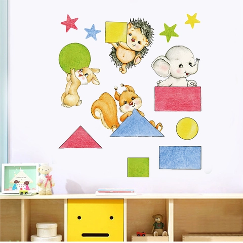 Adesivo da Parete per Cameretta Bambini Animali Cartone Animato Forme Geometriche PVC Removibile Autoadesivo Decorazione