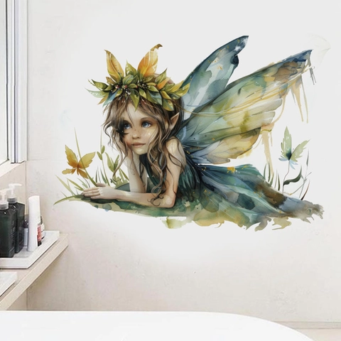Autocollant Mural Fée Elfe de la Forêt à l'Aquarelle Stickers Muraux en PVC Auto-Adhésif Amovible pour Salon Chambre Décor