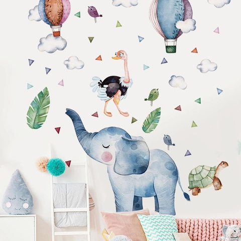 Watercolor Cartoon Elephant Alpaca Hot Air Balloon Wall Stickers For Kids Room Nursery PVC Animal DIY Wall Decals Home Decor