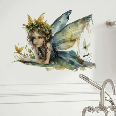 Autocollant Mural Fée Elfe de la Forêt à l'Aquarelle Stickers Muraux en PVC Auto-Adhésif Amovible pour Salon Chambre Décor