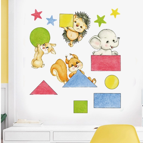 Adesivo da Parete per Cameretta Bambini Animali Cartone Animato Forme Geometriche PVC Removibile Autoadesivo Decorazione