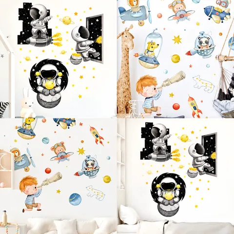 Cartoon Astronaut Animal Planet Wall Stickers Removable PVC Self Adhesive Nursery Kids Room Bedroom Decorative Mural