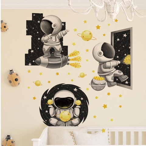 Cartoon Astronaut Animal Planet Wall Stickers Removable PVC Self Adhesive Nursery Kids Room Bedroom Decorative Mural