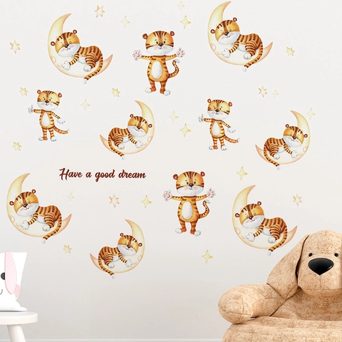 Cartoon Tiger Moon Stars Wall Stickers For Kids Bedroom Nursery Decor Watercolor PVC Removable Self-Adhesive Wall Decal Have A Good Dream