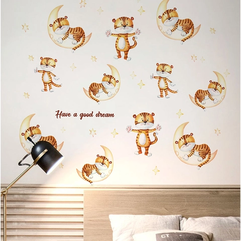 Cartoon Tiger Moon Stars Wall Stickers For Kids Bedroom Nursery Decor Watercolor PVC Removable Self-Adhesive Wall Decal Have A Good Dream