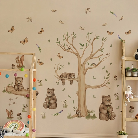 Cartoon Bos Bruine Beer Grote Boom Muurstickers Voor Kinderkamer Decor Aquarel Dier PVC DIY Zelfklevende Muurstickers Voor Slaapkamer