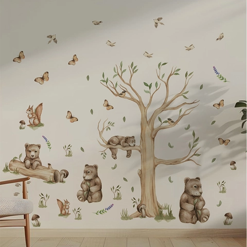 Cartoon Bos Bruine Beer Grote Boom Muurstickers Voor Kinderkamer Decor Aquarel Dier PVC DIY Zelfklevende Muurstickers Voor Slaapkamer