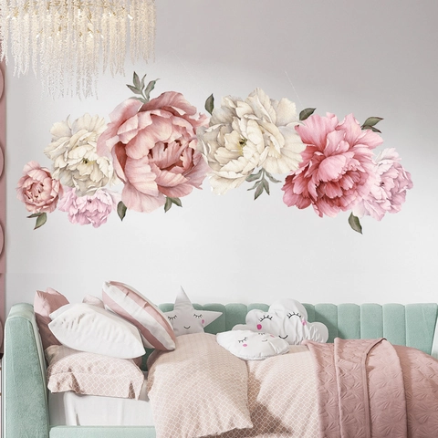 Adesivi Murali a Forma di Fiore di Peonia ad Acquerello Decalcomanie Murali Floreali Rosa Bianco per Camera da Letto Soggiorno Nuovo Stile Cinese PVC Autoadesivo Rimovibile Decorazione Casa