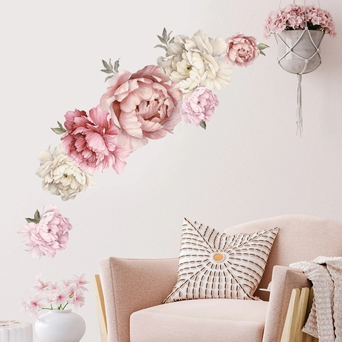 Adesivi Murali a Forma di Fiore di Peonia ad Acquerello Decalcomanie Murali Floreali Rosa Bianco per Camera da Letto Soggiorno Nuovo Stile Cinese PVC Autoadesivo Rimovibile Decorazione Casa