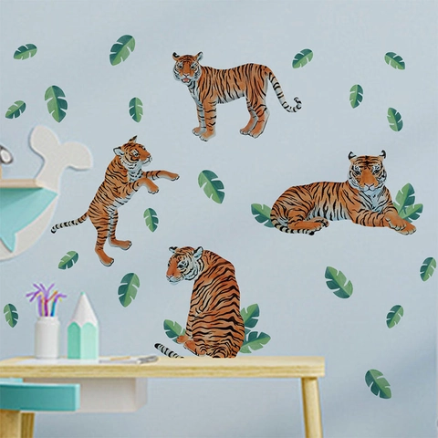 Stickers Muraux Tigre Brun Amovibles en PVC Mural Animaux pour Salon Chambre d'Enfant Feuilles Tropicales Peintes à la Main