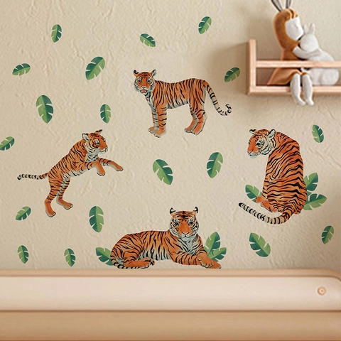 Stickers Muraux Tigre Brun Amovibles en PVC Mural Animaux pour Salon Chambre d'Enfant Feuilles Tropicales Peintes à la Main