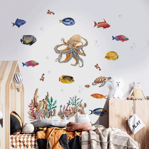 Watercolor Underwater World Octopus Wall Sticker PVC Removable Sea Animal Tropical Fish Turtle Wall Decal For Kids Room Decor