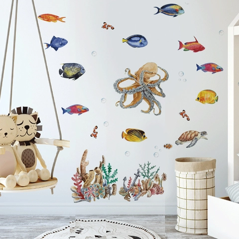 Watercolor Underwater World Octopus Wall Sticker PVC Removable Sea Animal Tropical Fish Turtle Wall Decal For Kids Room Decor