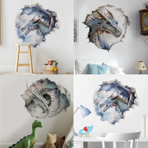 Pegatina de Pared Dragón 3D Efecto Pared Rota PVC Acuarela Dinosaurio Calcomanía para Sala de Estar Dormitorio Decoración