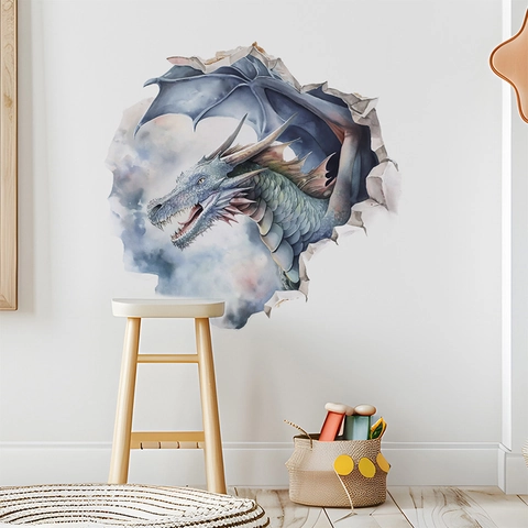 Pegatina de Pared Dragón 3D Efecto Pared Rota PVC Acuarela Dinosaurio Calcomanía para Sala de Estar Dormitorio Decoración