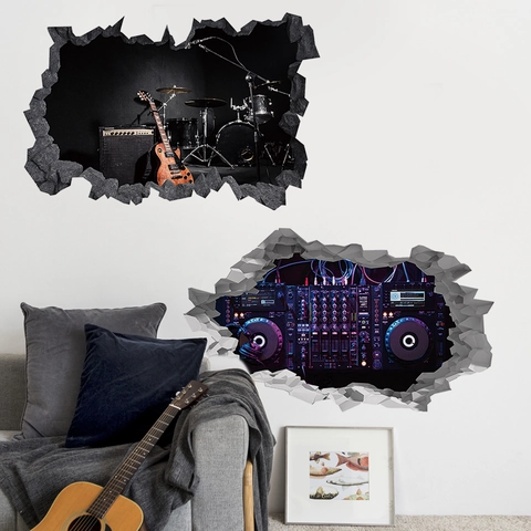 3D Broken Wall Sticker Musical Instruments Rock Band DJ Mixer Console PVC Removable Decal For Living Room Home Art Mural Decor