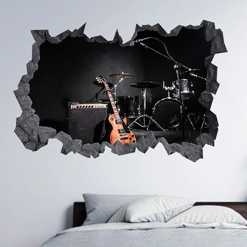 3D Broken Wall Sticker Musical Instruments Rock Band DJ Mixer Console PVC Removable Decal For Living Room Home Art Mural Decor