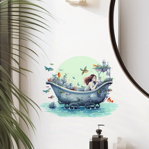 Dromerig Cartoon Meisje In Badkuip Muursticker Fantasie Illustratie PVC Verwijderbare Zelfklevende Muurschildering Decor