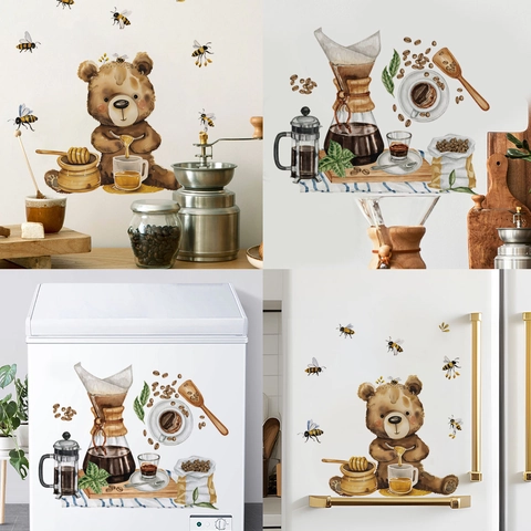 Cartoon Honey Bear And Coffee Machine Wall Stickers Removable PVC Art Decals For Kitchen Dining Room Fridge Decor
