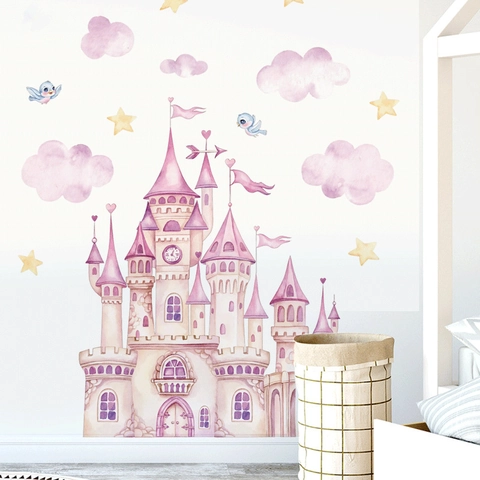 Stickers Muraux Château de Conte de Fées Aquarelle Rose Avec Nuages Étoiles Oiseaux Décalcomanies Murales Auto-adhésives en PVC Amovibles pour Décoration Chambre d'Enfant