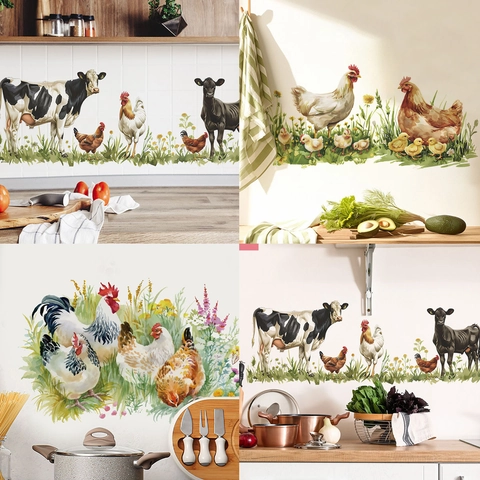 Pegatinas de Pared Animales de Granja Impermeable PVC Pollo Vaca Patrón Calcomanías para Cocina Comedor Decoración Hogar