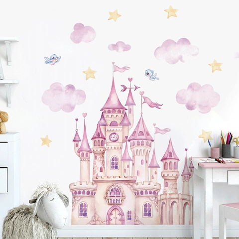 Stickers Muraux Château de Conte de Fées Aquarelle Rose Avec Nuages Étoiles Oiseaux Décalcomanies Murales Auto-adhésives en PVC Amovibles pour Décoration Chambre d'Enfant