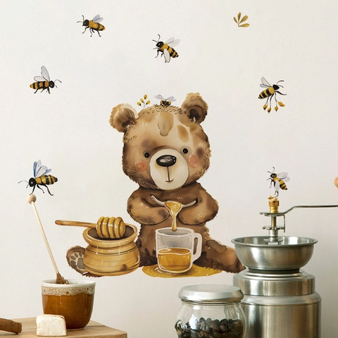 Cartoon Honey Bear And Coffee Machine Wall Stickers Removable PVC Art Decals For Kitchen Dining Room Fridge Decor