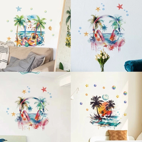 Zomerstrand Tropische Muursticker Aquarel Palmboom Gitaar Muziekstijl Verwijderbare PVC Muurkunst Sticker Voor Woonkamer Slaapkamer Decoratie