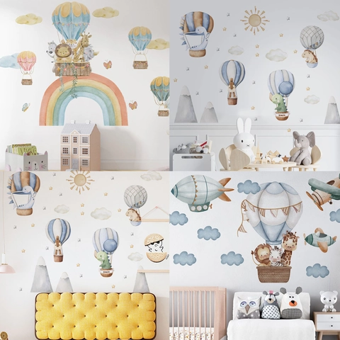 Cartoon Tiere Heißluftballon Wandsticker Aquarell PVC Abnehmbare Aufkleber Für Kinderzimmer Babyzimmer Schlafzimmer Deko