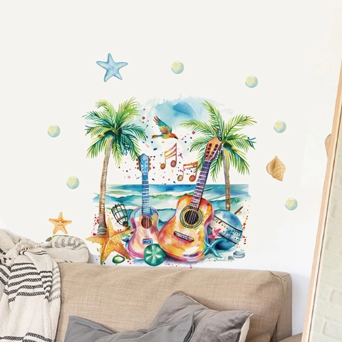 Zomerstrand Tropische Muursticker Aquarel Palmboom Gitaar Muziekstijl Verwijderbare PVC Muurkunst Sticker Voor Woonkamer Slaapkamer Decoratie