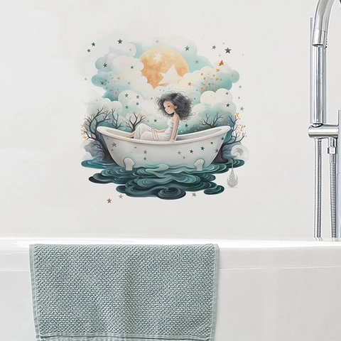 Adesivo Murale Ragazza in Vasca da Bagno PVC Impermeabile Decorativo Bagno Murale Removibile Stile Illustrazione Luna Stelle Nuvole