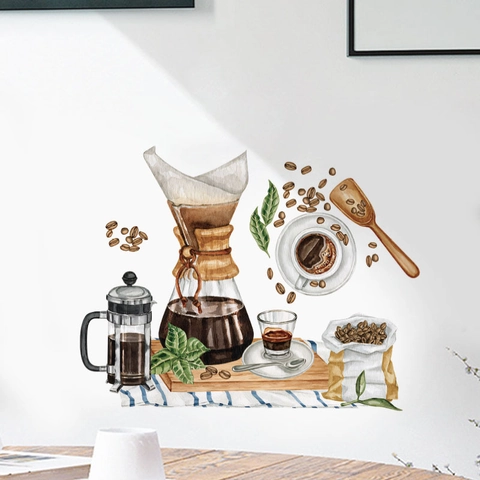 Watercolor Coffee Theme Wall Sticker PVC Self-Adhesive Removable Mural For Kitchen Dining Room Cafe Restaurant Home Decor