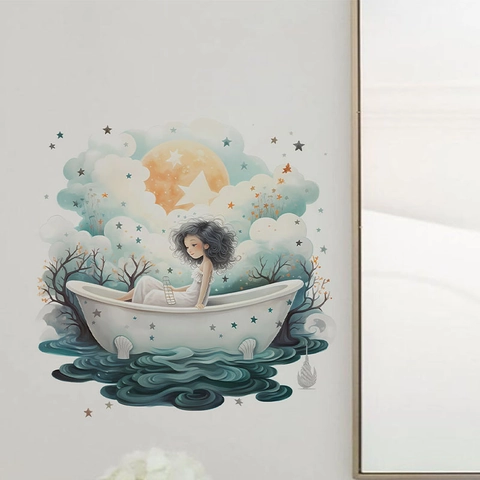 Adesivo Murale Ragazza in Vasca da Bagno PVC Impermeabile Decorativo Bagno Murale Removibile Stile Illustrazione Luna Stelle Nuvole