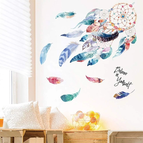 Stickers Muraux Attrape-rêves Aquarelle Plume Autocollant PVC Amovible Citation Believe In Yourself Pour Décoration Maison